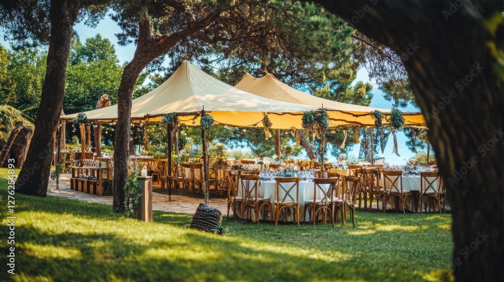 Obraz premium outdoor wedding reception under sailcloth tent