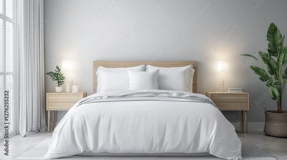 Fototapeta premium Serene Minimalist Bedroom with Elegant Bedding and Natural Elements for Peaceful Living Space Design