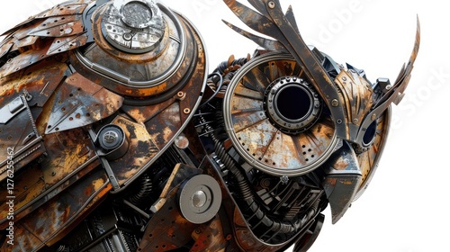 A close-up of a steampunk owl sculpture showcasing intricate metalwork and gears, set against a plain background