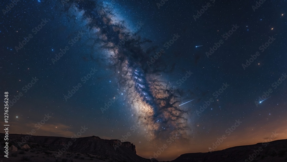 Vibrant Night Sky with Milky Way Galaxy, Jupiter, and Shooting Stars Illuminating the Dark Horizon in a Stunning Celestial Display Vibrant Night Sky with Milky Way Galaxy, Jupiter, and Shooting Stars Illuminating the Dark Horizon in a Stunning Celestial Display