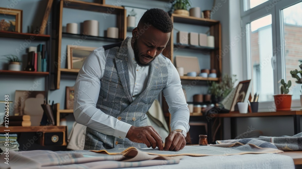 Tailor meticulously crafting a bespoke garment in a stylish workshop with organized materials and soft lighting Tailor meticulously crafting a bespoke garment in a stylish workshop with organized materials and soft lighting