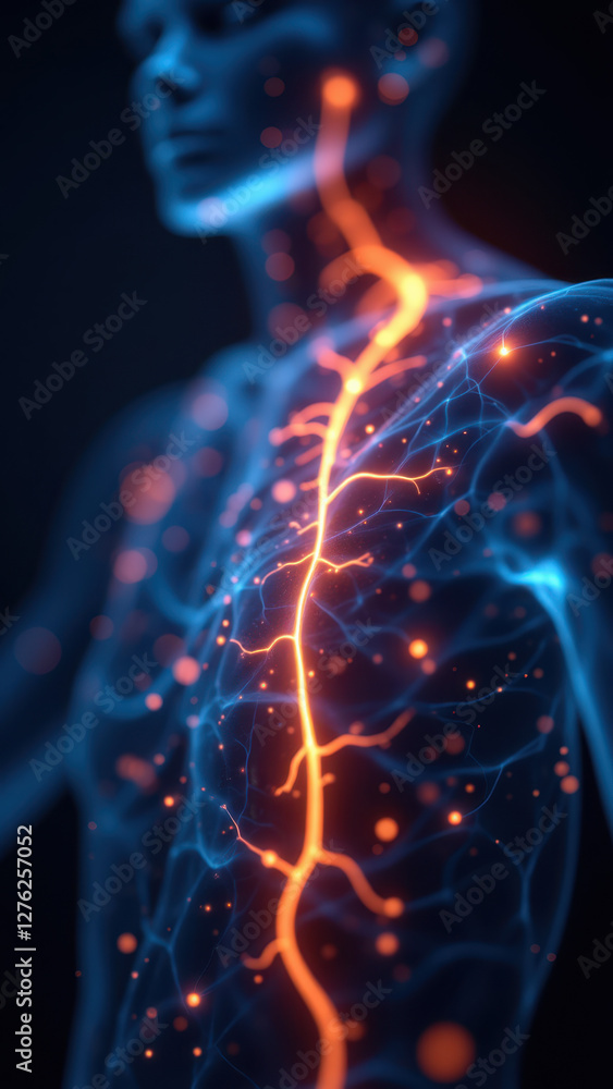 An artistic rendering of a person's torso with a visualization of the Vagus Nerve Stimulation (VNS) process. An artistic rendering of a person's torso with a visualization of the Vagus Nerve Stimulation (VNS) process.