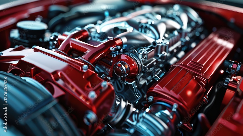 Close-up view of a high-performance car engine showcasing intricate details and vibrant colors in a garage setting Close-up view of a high-performance car engine showcasing intricate details and vibrant colors in a garage setting