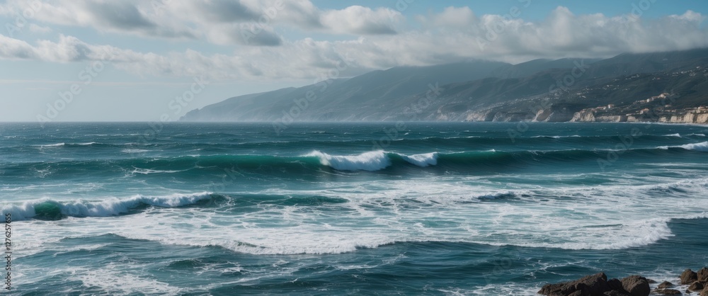 Fototapeta premium Dynamic Waves Crashing Against Rocky Shoreline in Costa Vincentina National Park under Dramatic Cloudy Sky