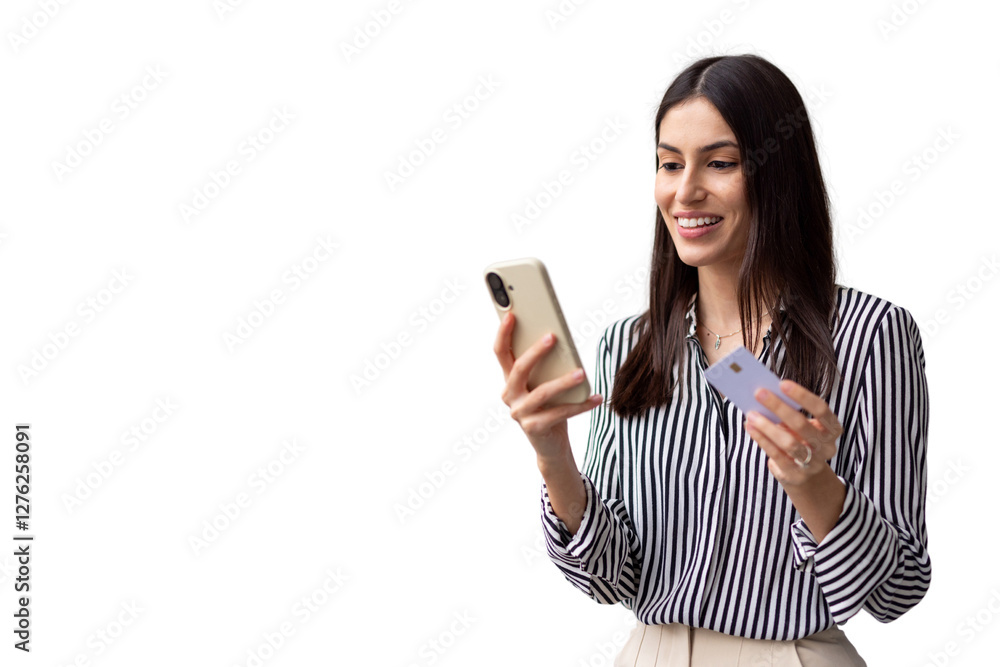 Joyful Latina shopper finalizing an online transaction Joyful Latina shopper finalizing an online transaction