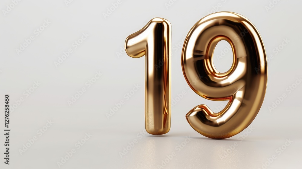 Shiny golden number 19 standing on a smooth surface, reflecting light and creating an elegant atmosphere Shiny golden number 19 standing on a smooth surface, reflecting light and creating an elegant atmosphere