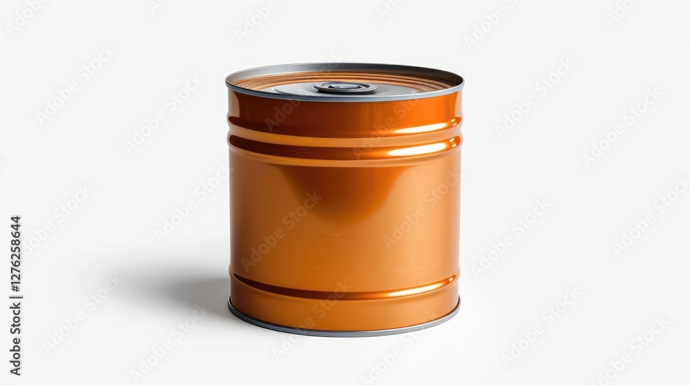 A shiny orange metal barrel stands upright on a clean white background, showcasing its smooth surface and design A shiny orange metal barrel stands upright on a clean white background, showcasing its smooth surface and design