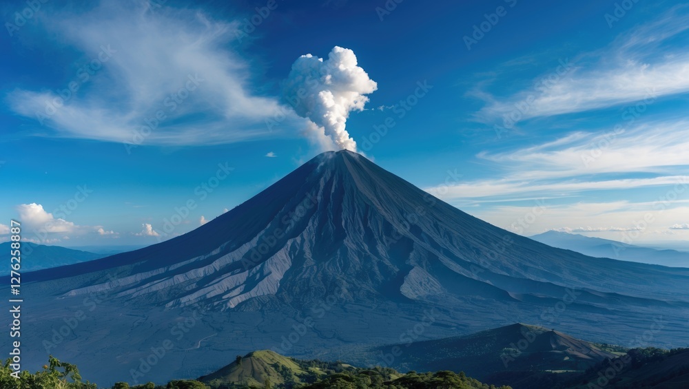 Majestic Volcano Erupting with Smoke Under Clear Blue Sky in Panoramic View with Lush Green Landscape in the Foreground Majestic Volcano Erupting with Smoke Under Clear Blue Sky in Panoramic View with Lush Green Landscape in the Foreground