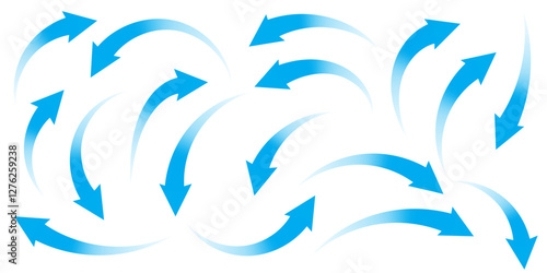 Air flow. Set of blue arrows showing direction of air movement. Wind direction arrows. Blue cold fresh stream from the conditioner.
