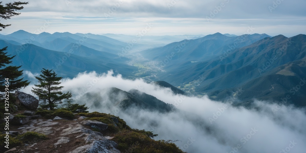 Aerial View of Mountains and Misty Valley Under a Cloudy Sky with Room for Text Overlay Aerial View of Mountains and Misty Valley Under a Cloudy Sky with Room for Text Overlay
