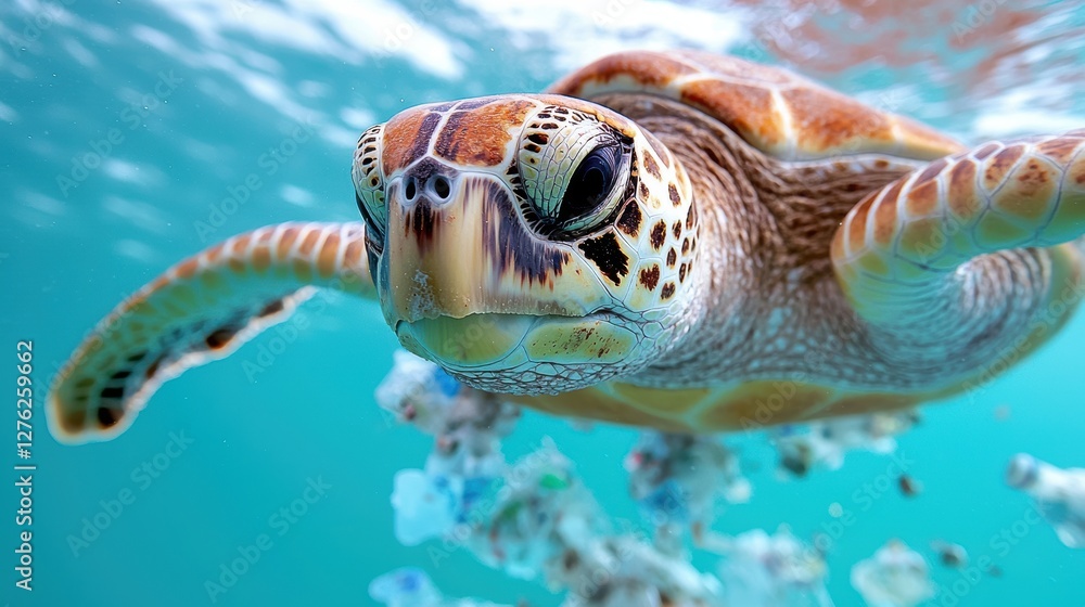 Fototapeta premium A close-up of a sea turtle swimming gracefully underwater, showcasing its intricate shell patterns and vibrant ocean surroundings.