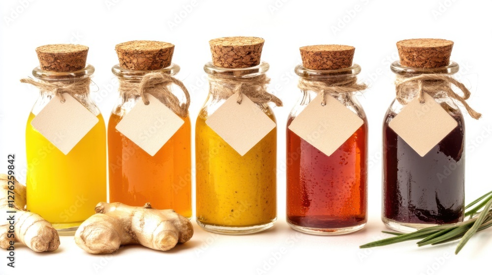 five colorful bottles of homemade ginger syrup five colorful bottles of homemade ginger syrup
