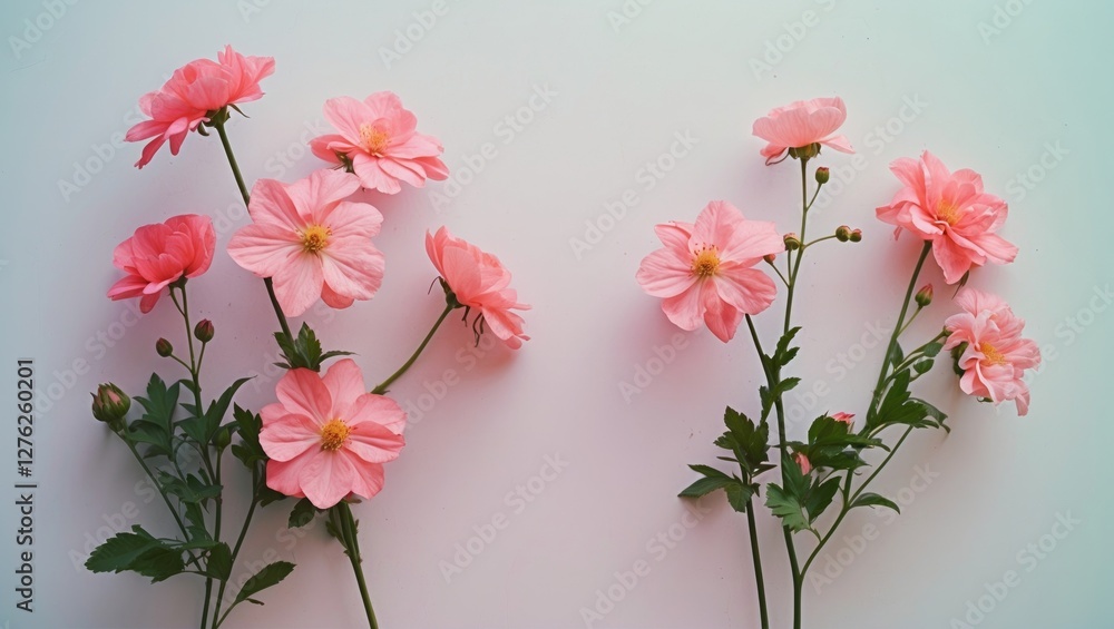 Delicate Pink Flowers on Light Background with Ample Space for Text Customization and Design Elements Delicate Pink Flowers on Light Background with Ample Space for Text Customization and Design Elements