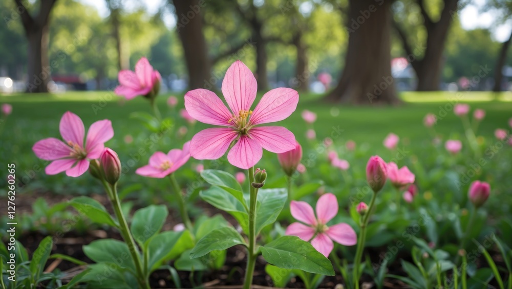 Vibrant Pink Flowers Blooming in Lush Green Park Setting on a Sunny Day Vibrant Pink Flowers Blooming in Lush Green Park Setting on a Sunny Day