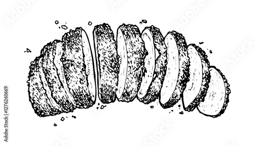 Vector illustration of a roasted and breaded chop in black and white. Hand drawn sketch of steak. Detailed line art with vintage engraving style perfect for food and culinary designs. With background