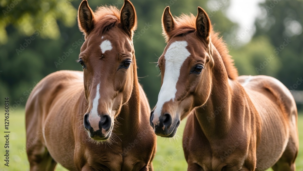 Close-up of two adorable foals enjoying a sunny summer day in a lush green pasture. Perfect for equine and nature-themed projects. Close-up of two adorable foals enjoying a sunny summer day in a lush green pasture. Perfect for equine and nature-themed projects.