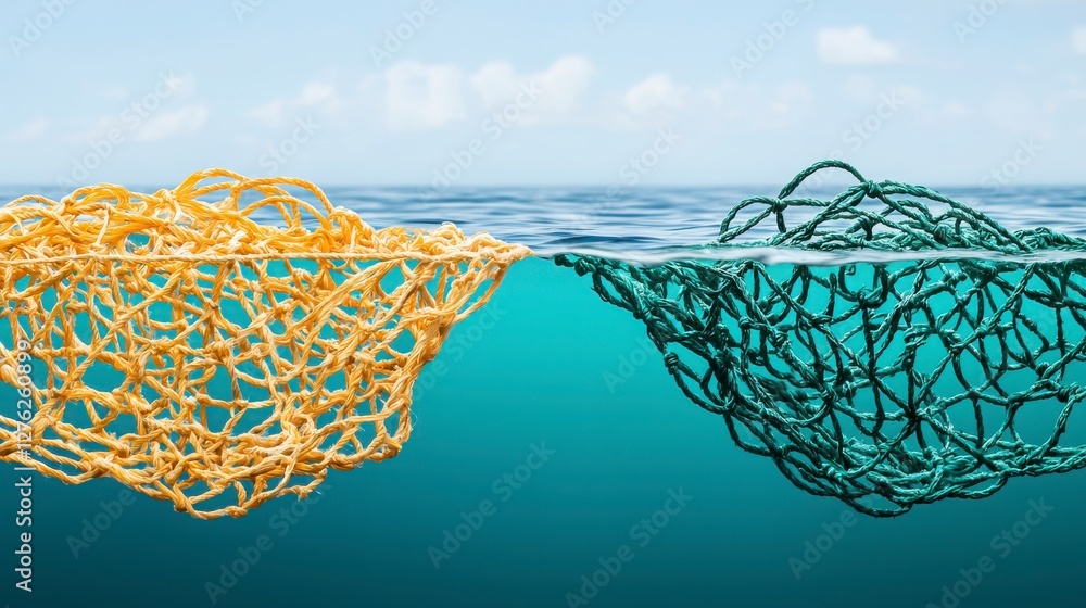 Naklejka premium pollution oceans fishing nets, Two colorful fishing nets float in calm water, creating a vibrant contrast against the blue surface.