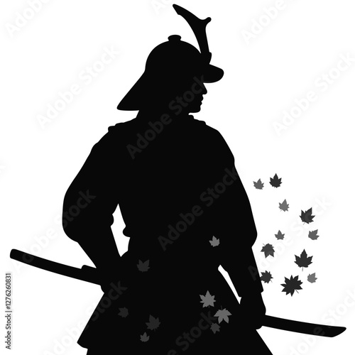 Samurai silhouette amidst falling autumn leaves, historical symbolism