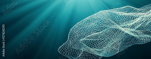 pollution oceans fishing nets, Translucent mesh floating in blue water, illuminated by soft rays of light.