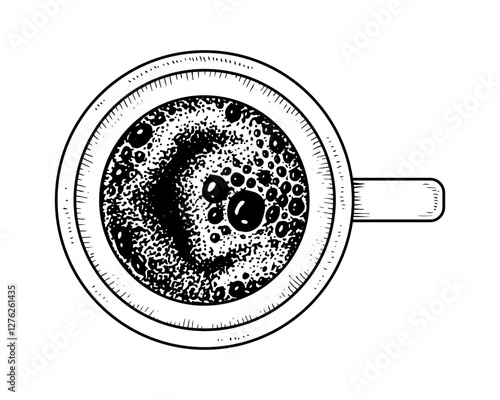 Vector illustration of a coffee cup in black and white, viewed from the top. Hand drawn line art of espresso or brewed coffee. Isolated sketch with vintage engraving style. With background
