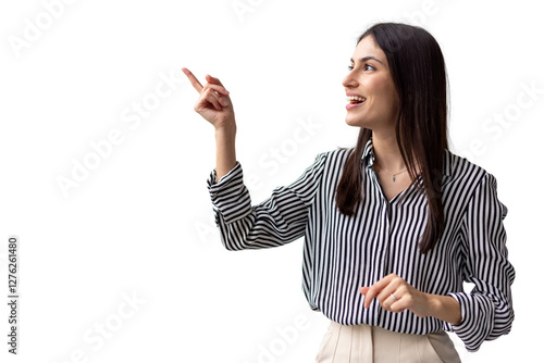 Foto Joyful Latina woman pointing upwards with enthusiasm