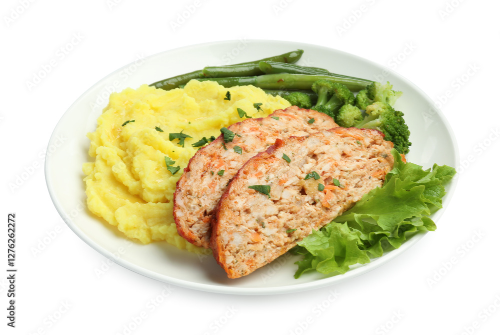 Delicious baked turkey meatloaf, mashed potato and vegetables isolated on white Delicious baked turkey meatloaf, mashed potato and vegetables isolated on white