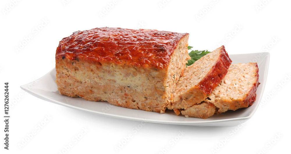 Delicious baked turkey meatloaf isolated on white Delicious baked turkey meatloaf isolated on white