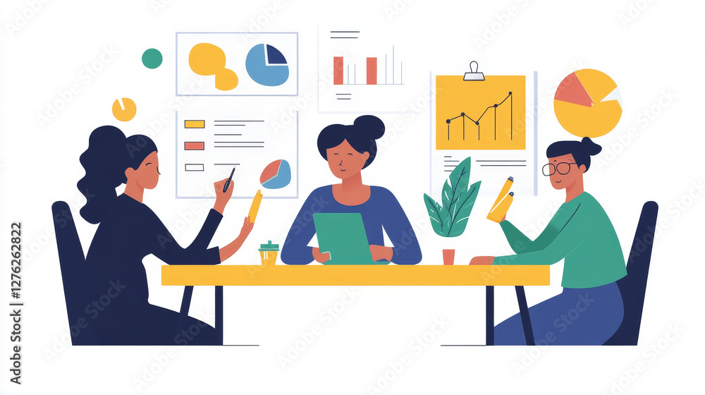 Business idea in teamwork, vector illustration, flat woman team character design new creative innovation, worker use document, graph Business idea in teamwork, vector illustration, flat woman team character design new creative innovation, worker use document, graph
