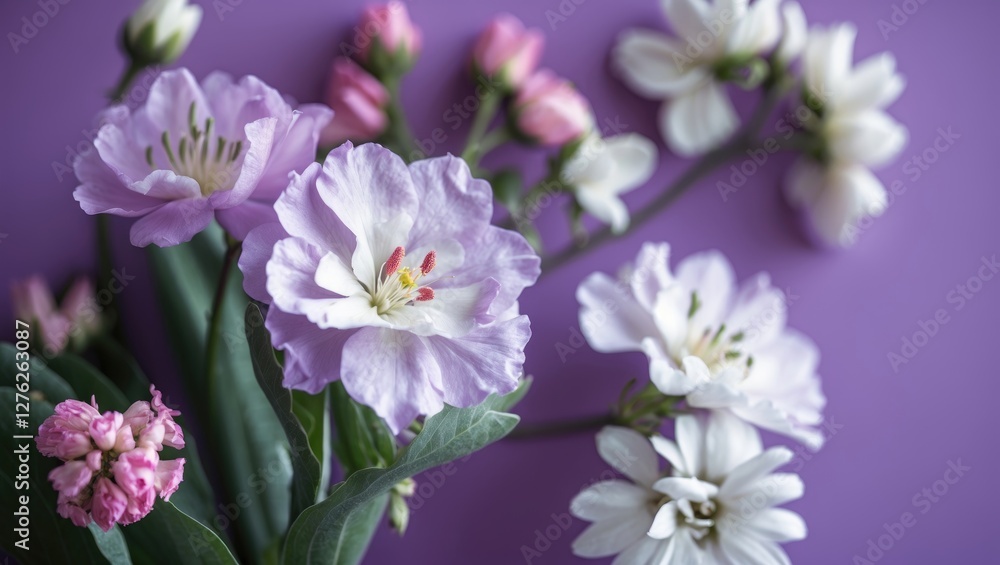 Vibrant close-up of white and pink flowers against a purple backdrop showcasing delicate petals and lush green leaves. Vibrant close-up of white and pink flowers against a purple backdrop showcasing delicate petals and lush green leaves.