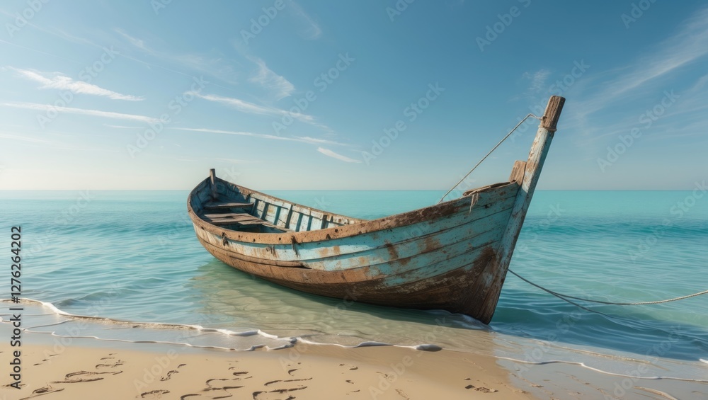 Serene Beach Scene with Weathered Fishing Boat and Crystal Clear Water Ideal for Text Overlay and Natural Landscapes Serene Beach Scene with Weathered Fishing Boat and Crystal Clear Water Ideal for Text Overlay and Natural Landscapes