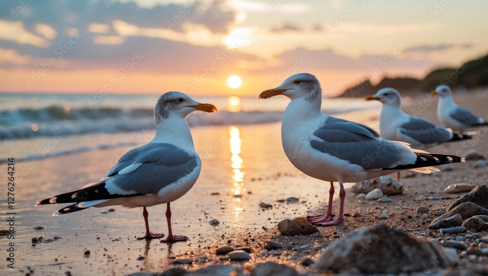 Fototapeta premium Seagulls Strolling Along the Shoreline at Sunset with Gentle Waves and a Warm Summer Atmosphere