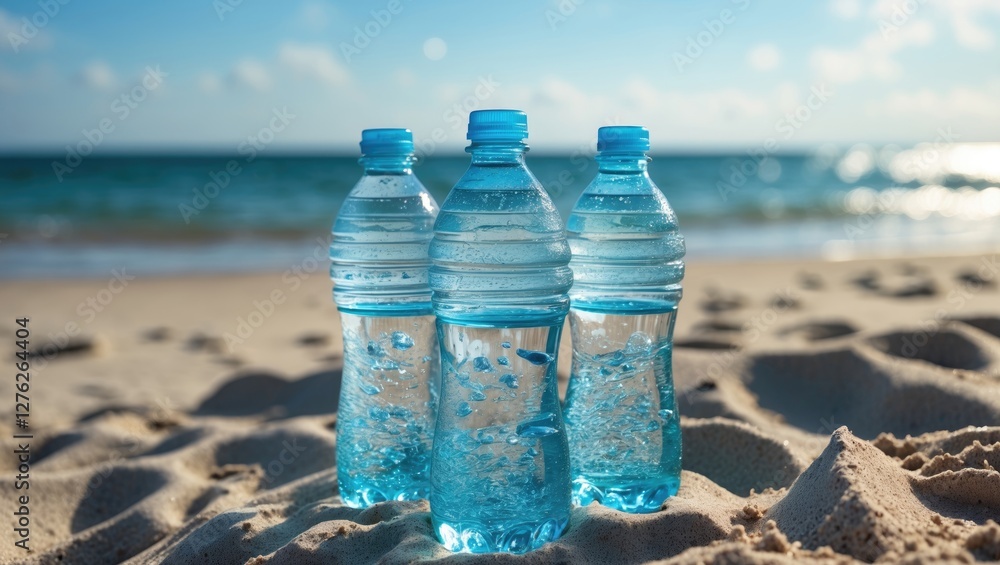 Refreshing Bottles of Cold Water on a Sandy Beach with Gentle Waves and Clear Sky in the Background Refreshing Bottles of Cold Water on a Sandy Beach with Gentle Waves and Clear Sky in the Background