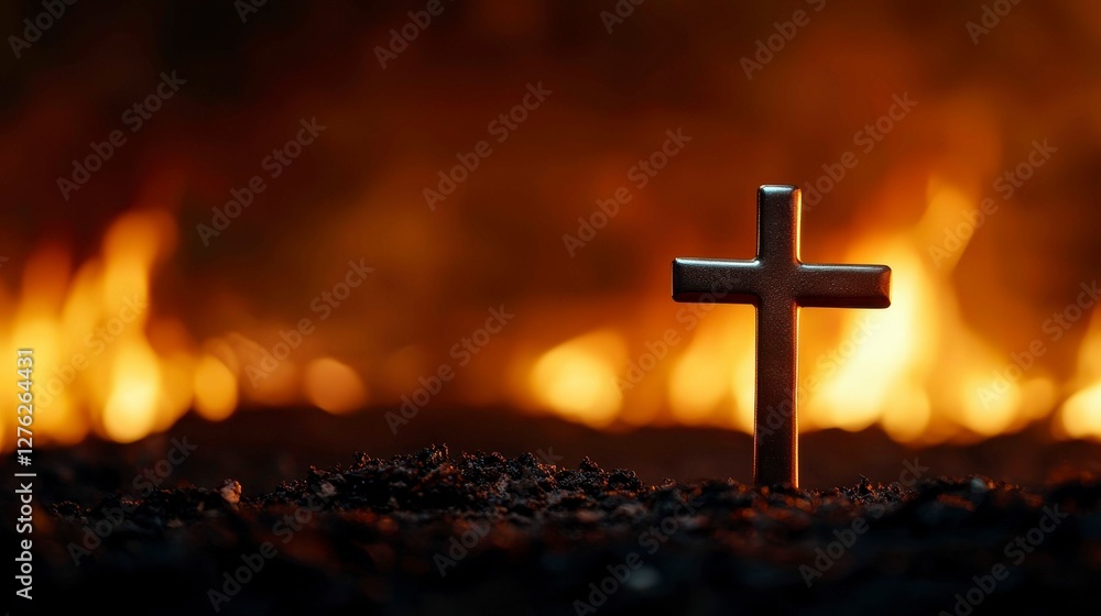 Fototapeta premium Cross Amidst Fire Symbolizing Faith and Resilience in Times of Adversity and Religious Strength