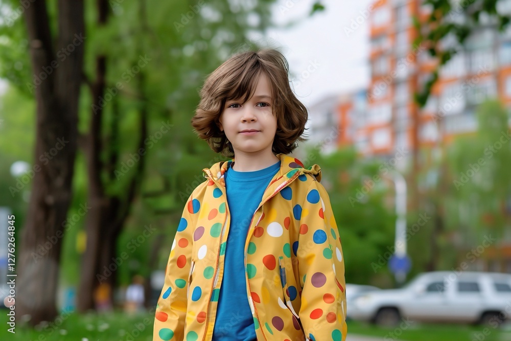 A young Caucasian boy with curly hair stands outdoors in a colorful polka-dot raincoat, surrounded by greenery in a vibrant neighborhood. enjoyable moments A young Caucasian boy with curly hair stands outdoors in a colorful polka-dot raincoat, surrounded by greenery in a vibrant neighborhood. enjoyable moments