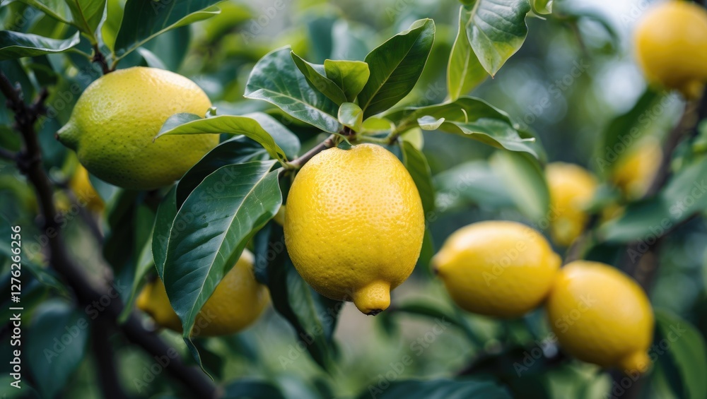 Lush Lemon Tree Branch with Ripe Yellow Lemons and Green Fruits in Early Summer Sunlight Lush Lemon Tree Branch with Ripe Yellow Lemons and Green Fruits in Early Summer Sunlight