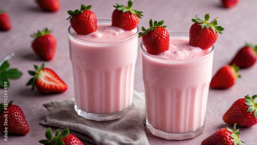 Refreshing Strawberry Milk in Glasses with Fresh Strawberries on a Soft Background Ideal for Beverage and Dessert Promotions Refreshing Strawberry Milk in Glasses with Fresh Strawberries on a Soft Background Ideal for Beverage and Dessert Promotions