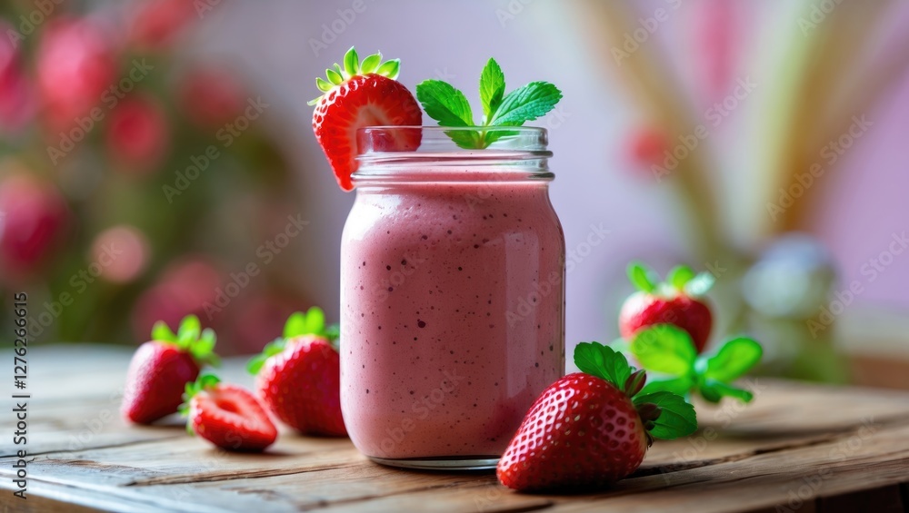 Strawberry smoothie in a mason jar garnished with mint leaves surrounded by fresh strawberries on a wooden table for healthy eating. Strawberry smoothie in a mason jar garnished with mint leaves surrounded by fresh strawberries on a wooden table for healthy eating.