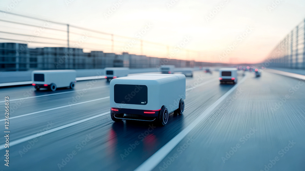 A serene scene of autonomous delivery trucks on a highway at sunset, showcasing futuristic logistics technology and urban infrastructure. A serene scene of autonomous delivery trucks on a highway at sunset, showcasing futuristic logistics technology and urban infrastructure.