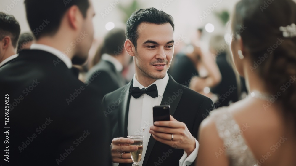 Social media rumors affecting a man at a wedding. Featuring distraction and concern Social media rumors affecting a man at a wedding. Featuring distraction and concern