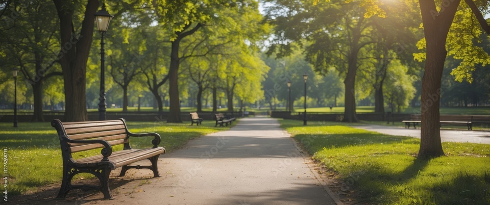 Peaceful Park Pathway With Bench Surrounded By Lush Green Trees On A Sunny Day Ideal For Relaxation And Outdoor Activities Peaceful Park Pathway With Bench Surrounded By Lush Green Trees On A Sunny Day Ideal For Relaxation And Outdoor Activities