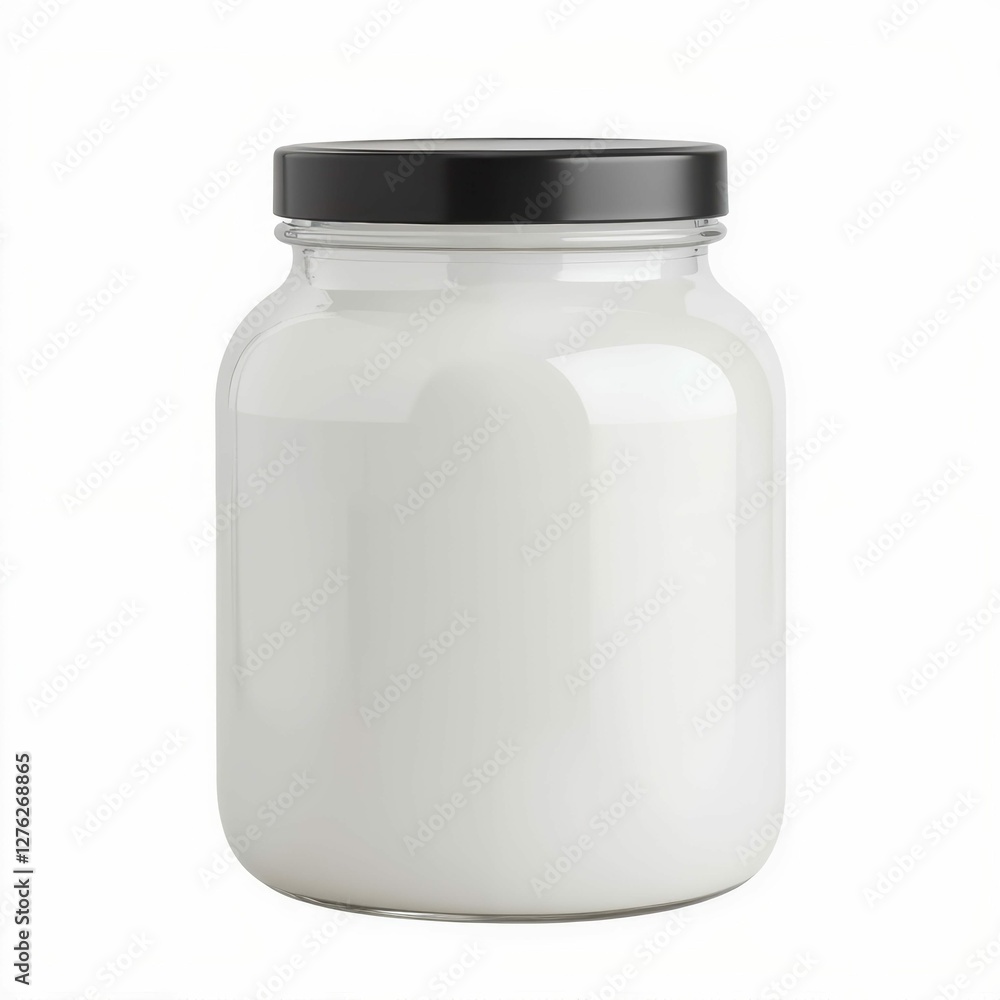 Creamy Liquid in Glass Jar with Black Lid Product Display Mockup on White Background Still Life Creamy Liquid in Glass Jar with Black Lid Product Display Mockup on White Background Still Life