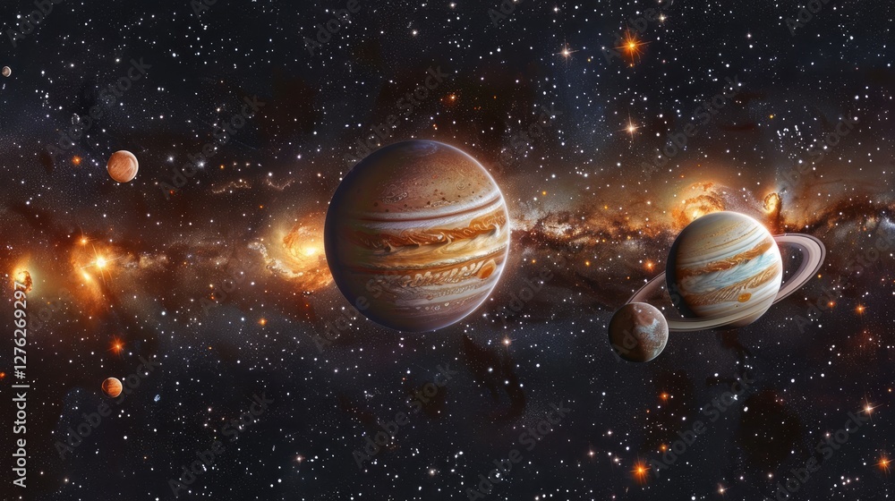 Stunning cosmic view showcasing Jupiter and Saturn amidst a backdrop of distant galaxies and stars Stunning cosmic view showcasing Jupiter and Saturn amidst a backdrop of distant galaxies and stars