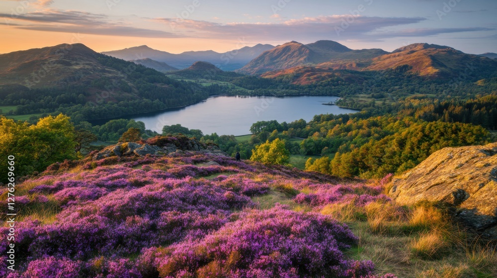 Fototapeta premium stunning sunset over lake and mountains in the uk