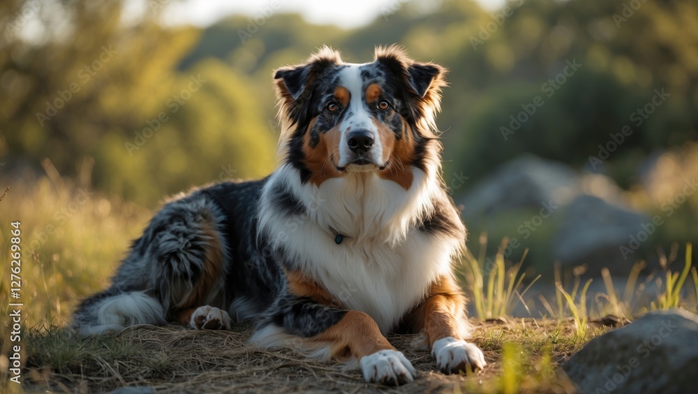 Australian Shepherd Relaxing in Nature with Lush Green Background and Empty Space for Text or Design Elements. Australian Shepherd Relaxing in Nature with Lush Green Background and Empty Space for Text or Design Elements.