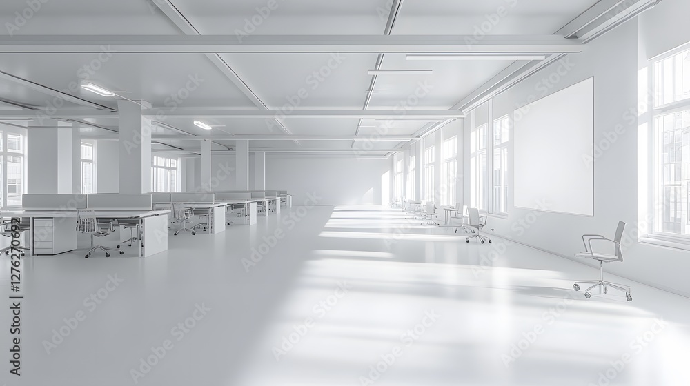Fototapeta premium Modern office interior with desks and chairs in an open space setting, featuring a blank white wall on the right for copy space. 3D Rendering,