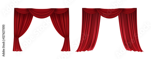 Realistic 3D Set of Red Velvet Theater Curtains Open and Closed Long and Short Top Borders Isolated on White Background