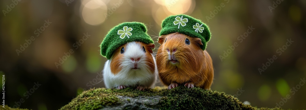 Happy St. Patrick’s Day Background, A pair of guinea pigs wearing tiny shamrock hats, sitting on a moss-covered rock with a dark green backdrop and softly shimmering bokeh accents, adorable Happy St. Patrick’s Day Background, A pair of guinea pigs wearing tiny shamrock hats, sitting on a moss-covered rock with a dark green backdrop and softly shimmering bokeh accents, adorable