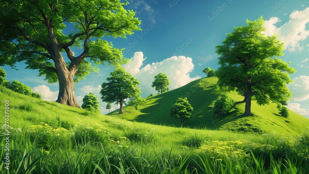 Lush Green Hill Landscape with Trees and Blue Sky Ideal for Nature Themes and Copy Space for Promotional Text Lush Green Hill Landscape with Trees and Blue Sky Ideal for Nature Themes and Copy Space for Promotional Text