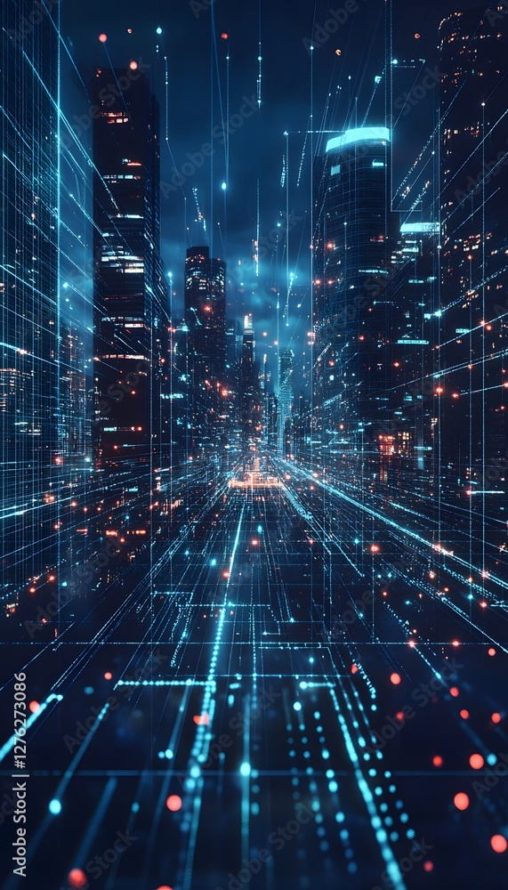 Fototapeta premium Futuristic city with data streams and abstract digital architecture