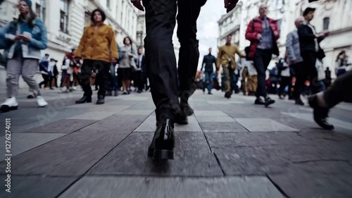 Low-angle video shot of a person walking on a busy street, capturing the movement and hustle of urban life with a dynamic, immersive style.